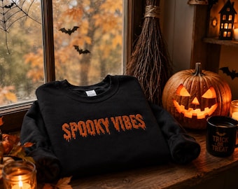 Spooky Vibes Sweatshirt, Halloween Sweatshirt Damen, Bestickter Halloween Pullover, Cozy Fall Crewneck, Spooky Season Stickerei Geschenk