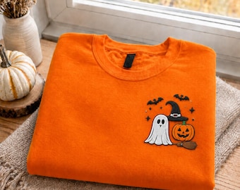 Besticktes Halloween Sweatshirt – Geist, Kürbis & Hexenhut, Spooky Season Pullover, Unisex Herbst Outfit, Halloween Geschenk
