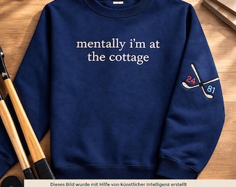 May include: A navy blue crewneck sweatshirt featuring the white text "mentally i'm at the cottage" centered on the chest. The left sleeve displays an embroidered graphic of two crossed hockey sticks with the red number 24 and blue number 81.