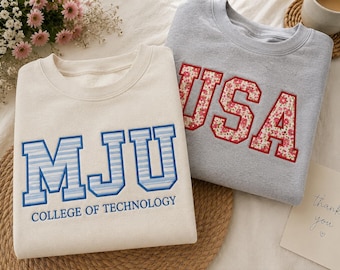 Custom Varsity Letter Sweatshirt, Applique Letter Crewneck, Custom College Initials Patchwork Embroidery Sweatshirt, Preppy Varsity Style