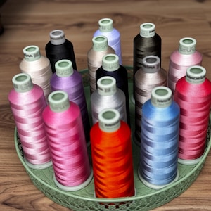 Pode incluir: Uma cole&ccedil;&atilde;o de quinze carret&eacute;is cil&iacute;ndricos de linha de bordar Madeira em v&aacute;rias cores, incluindo vermelho, laranja, azul, rosa, roxo, preto e bege, dispostos verticalmente numa bandeja redonda de metal verde-claro com borda decorativa.