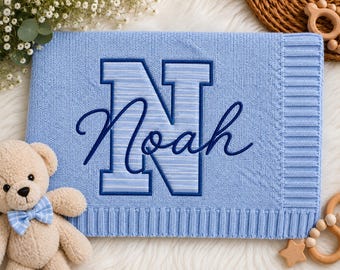 Personalized Baby Boy Girl Blanket, Embroidered Name Blanket, Cotton Knit Baby Blanket, Initial Applique Blanket, Custom Baby Gift
