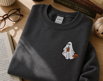 Ghost Embroidered Sweatshirt, Halloween Coffee Ghost Crewneck, Cute Spooky Fall Sweatshirt, Autumn Sweatshirt, Cozy Halloween Gift
