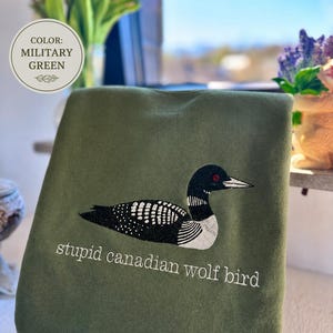 Pode incluir: Uma camisola verde militar com um bordado de um mergulh&atilde;o preto e branco com um olho vermelho. Por baixo da ave, o texto "stupid canadian wolf bird" est&aacute; bordado em fio branco. Uma etiqueta circular indica "COLOR: MILITARY GREEN".