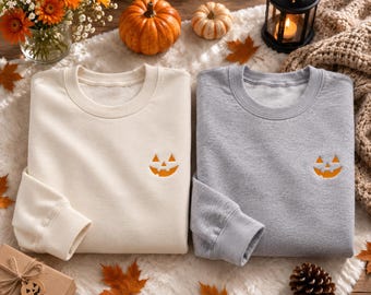 Halloween Kürbis Sweatshirt Bestickt Damen, Jack O Lantern Pullover, Minimalistisches Herbst Sweatshirt, Pumpkin Crewneck