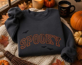 Halloween Sweatshirt Bestickt, Halloween Pullover Damen, Geist Kürbis Fledermaus Stickerei,Spooky Season Sweatshirt,Herbst Pullover Geschenk