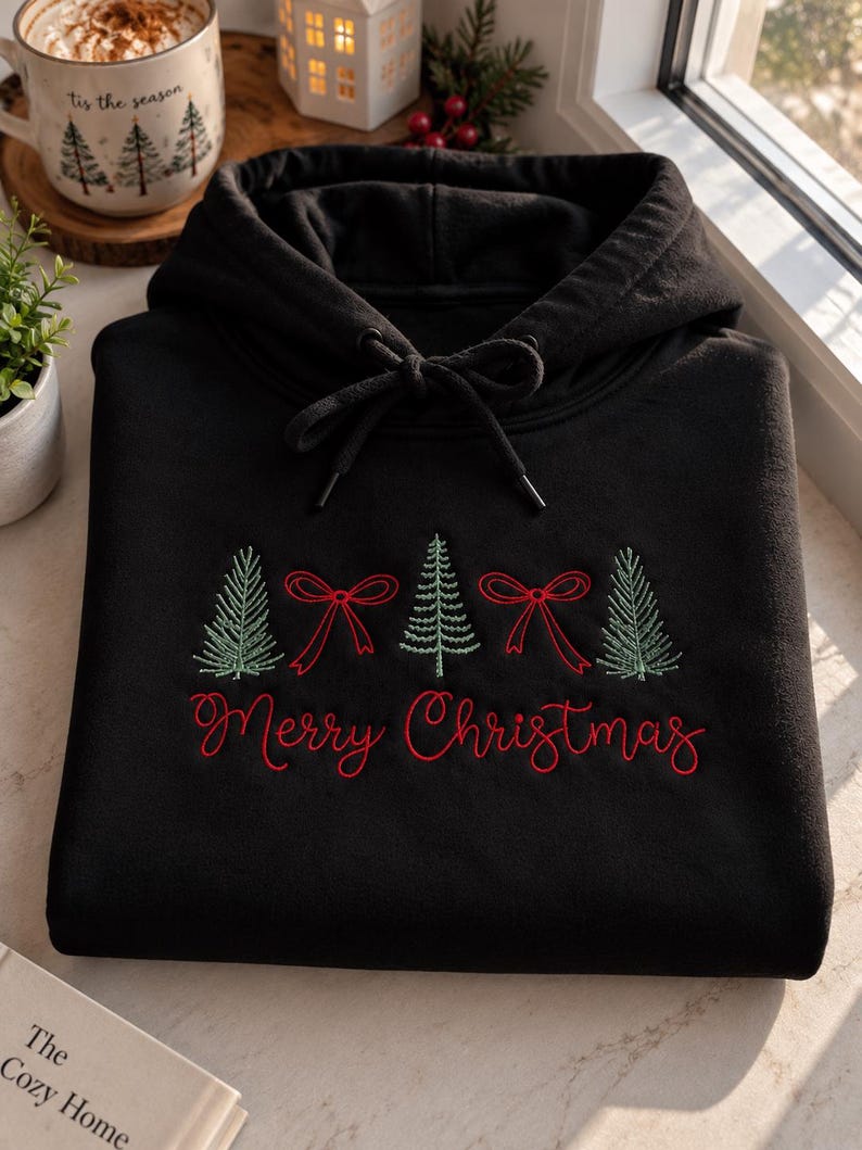 May include: A black hooded sweatshirt featuring an embroidered design of three green pine trees and two red bows. Below the trees, the text "Merry Christmas" is embroidered in red script. The hoodie includes a matching black drawstring at the neck.