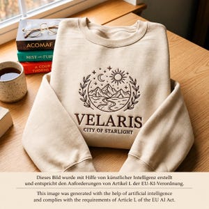 May include: A beige crewneck sweatshirt featuring dark brown embroidery of a mountain landscape, a river, a sun, a crescent moon, and stars. Below the design, the text reads VELARIS CITY OF STARLIGHT in a dark brown serif font.