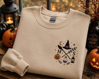 Hexen Sweatshirt Bestickt Damen, Halloween Pullover, Witch Hat Stickerei, Spooky Season Sweatshirt, Herbst Crewneck