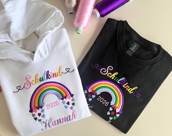 Personalisiertes Schulkind T-Shirt mit Regenbogen,Besticktes Einschulung Shirt mit Name,Kinder T-Shirt zur Einschulung,Geschenk Schulanfang