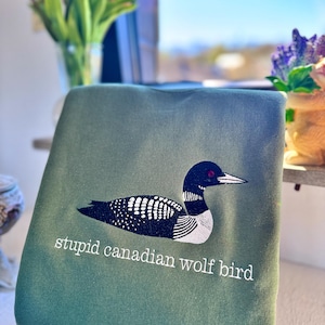 Pode incluir: Uma camisola verde-azeitona com um bordado de um mergulh&atilde;o preto e branco com um olho vermelho. Por baixo da ave, o texto "stupid canadian wolf bird" est&aacute; bordado em letras min&uacute;sculas brancas sem serifa na parte da frente da pe&ccedil;a.
