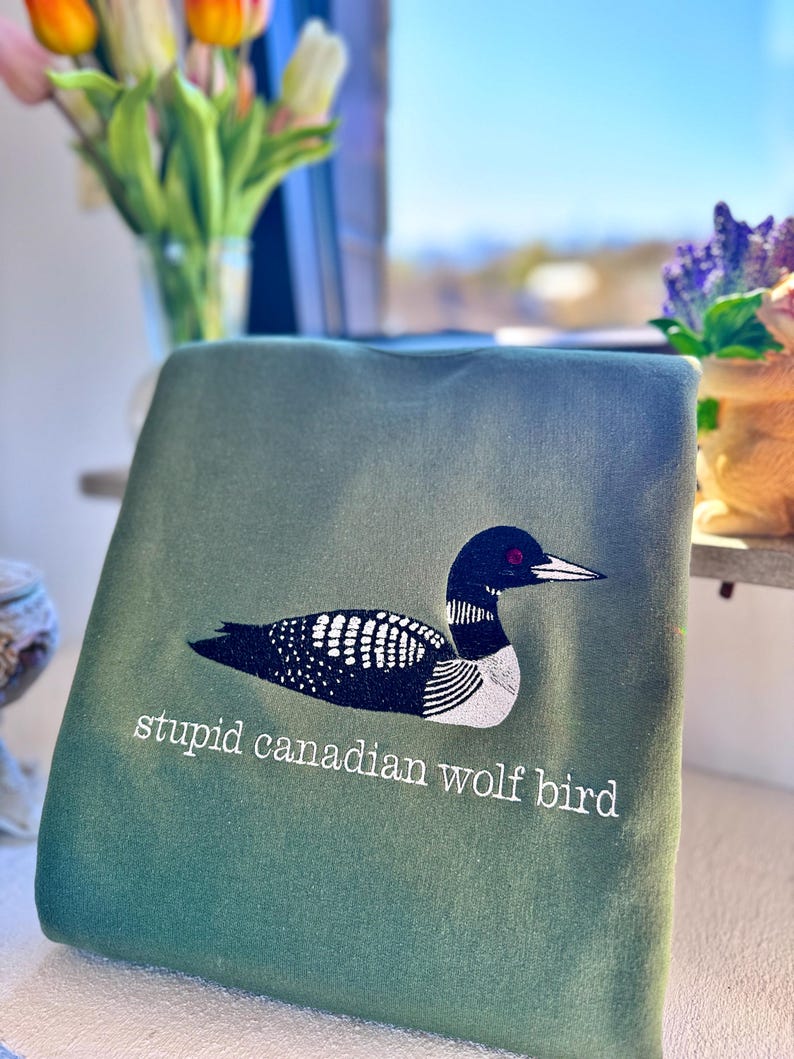 Pode incluir: Uma camisola verde-azeitona com um bordado de um mergulh&atilde;o preto e branco com um olho vermelho. Por baixo da ave, o texto "stupid canadian wolf bird" est&aacute; bordado em letras min&uacute;sculas brancas sem serifa na parte da frente da pe&ccedil;a.