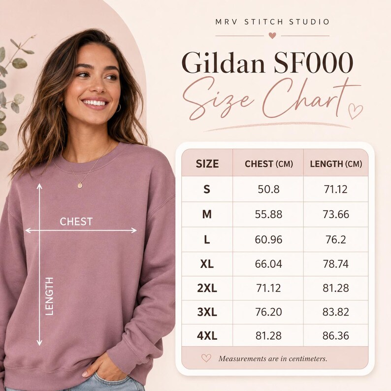 May include: A mauve crewneck sweatshirt with a size chart titled MRV STITCH STUDIO Gildan SF000 Size Chart. The chart lists sizes S through 4XL with chest and length measurements in centimeters, ranging from 50.8 cm to 86.36 cm for reference.