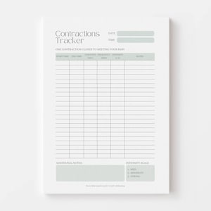 Könnte beinhalten: Ein weißes Wehenprotokoll-Blatt mit salbeigrünen Überschriften und Akzenten. Das Formular enthält Felder für Datum, Uhrzeit und eine Tabelle mit Spalten für Startzeit, Endzeit, Dauer, Häufigkeit, Intensität und Notizen sowie eine Intensitätsskala.