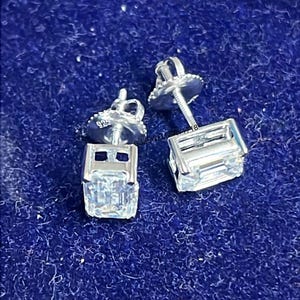Vintage Emerald Cut Diamond Stud Earrings | 2.00-2.24 Ct | VVS1 Clarity E Color 925 Silver with 14K Gold Plating | Certified Lab Grown