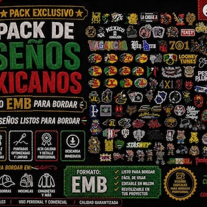 Puede incluir: Una colección digital de más de 100 diseños de bordado con temática mexicana en formato EMB. La imagen muestra el texto PACK EXCLUSIVO PACK DE DISEÑOS MEXICANOS, junto con varios iconos, logotipos e ilustraciones coloridas para bordar a máquina.