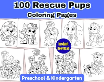 Può includere: Una raccolta di 100 pagine da colorare Rescue Pups con illustrazioni a linee bianche e nere di vari cuccioli dei cartoni animati in uniforme e attrezzatura, con il testo 100 Rescue Pups Coloring Pages e Preschool & Kindergarten visibile.