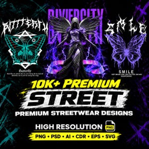 Pode incluir: Um pacote de design gráfico digital com uma figura alada central, uma borboleta verde-azulado com o texto BITTERFLY e uma borboleta roxa com o texto SMILE. A imagem inclui o texto 10K+ PREMIUM STREET e lista formatos como PNG, PSD, AI, CDR, EPS e SVG.