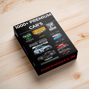 Puede incluir: Una caja negra con el texto "1000+ PREMIUM CAR'S" y logotipos de marcas de automóviles como Lamborghini, Porsche y Bugatti. El sitio web "THEANIMAX.IN" se muestra en rojo en la parte inferior.