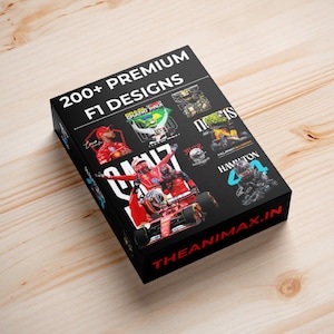 May include: A black rectangular box featuring the text 200+ PREMIUM F1 DESIGNS and THEANIMAX.IN. The surface displays various Formula 1 graphics, including race cars, drivers in red racing suits, helmets, and the number 44 with the name HAMILTON.