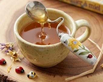Cuillère à miel de jardin vintage avec manche tournesol en céramique