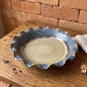 Black Mountain Pottery Pie Dish | Hand Thrown Stoneware Ruffled Tart Pan, Blue Drip Glaze
