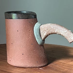 Johnston Studio Art Pottery Mug, Signed Stoneware Cup, Primitive Spiral Design, Metallic Glaze