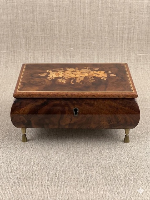 Vintage Italian Inlaid Wood Music Box • Sorrento Floral Marquetry Jewelry Box