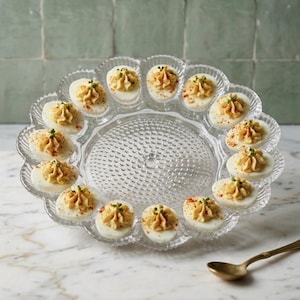 May include: A clear glass serving platter with a scalloped edge holds deviled eggs. Each egg half is filled with a yellow filling, garnished with green herbs and paprika. A gold spoon rests on the marble surface.