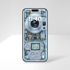 Peut inclure: Un smartphone affichant un fond d'écran numérique imitant les composants internes d'un appareil photo. L'écran indique l'heure 11:40, la date Wednesday, September 16, et une interface graphique avec des boutons marqués PHOTO, MENU, DISP et OK.