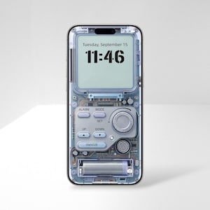 May include: A smartphone displaying a digital wallpaper that mimics the internal components of an alarm clock. The screen shows the date Tuesday, September 15 and the time 11:46, with buttons labelled ALARM, MODE, SET, UP, DOWN, and SNOOZE.