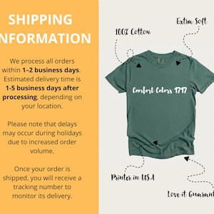 May include: A green Comfort Colors 1717 t-shirt made of 100% cotton. The shirt is labeled "Extra Soft" and "Printer in USA". The shirt has a "Love it Guarantee".