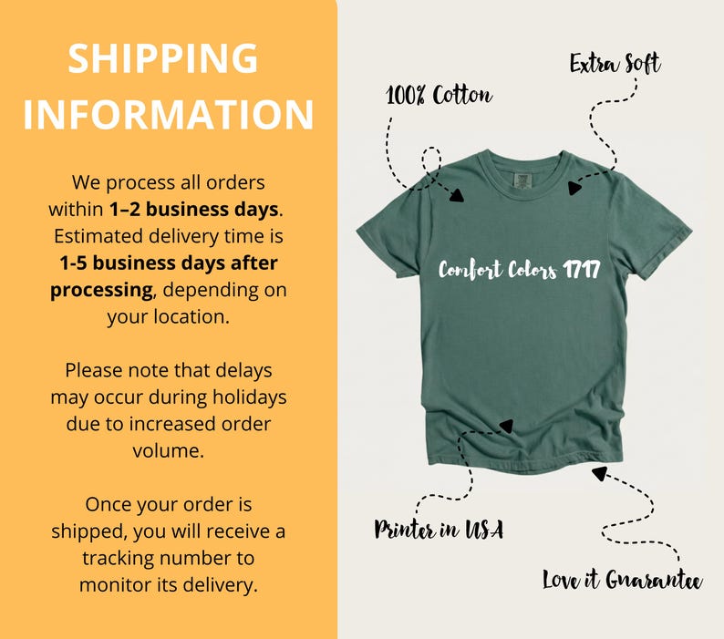 May include: A green Comfort Colors 1717 t-shirt made of 100% cotton. The shirt is labeled "Extra Soft" and "Printer in USA". The shirt has a "Love it Guarantee".