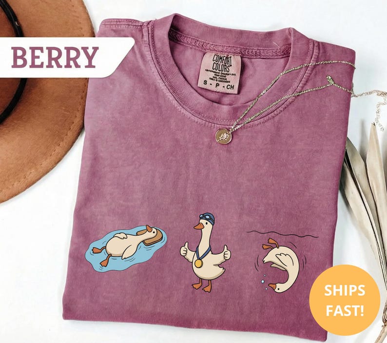 May include: Berry-colored t-shirt with a crew neck. The shirt features three cartoon geese in different poses: floating on a tube, giving a thumbs up with a medal, and diving. The text "BERRY" and "SHIPS FAST!" are also visible.