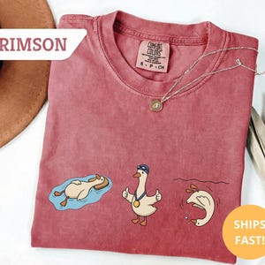 May include: Crimson-colored t-shirt with three cartoon geese in different swimming poses. One goose floats on a tube, another gives a thumbs-up with a medal, and the third dives into the water. The shirt has the text "Comfort Colors" on the tag.