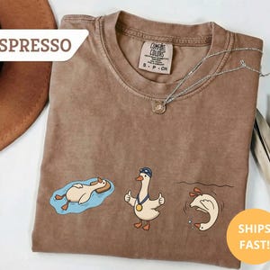 May include: Espresso-colored t-shirt with three cartoon geese in different swimming poses. One goose floats on a blue pool, another gives a thumbs-up with a medal, and the third dives. The shirt has a Comfort Colors tag and a silver necklace.