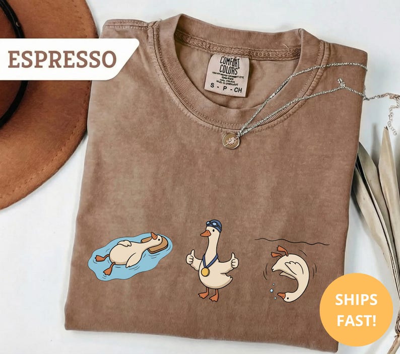 May include: Espresso-colored t-shirt with three cartoon geese in different swimming poses. One goose floats on a blue pool, another gives a thumbs-up with a medal, and the third dives. The shirt has a Comfort Colors tag and a silver necklace.