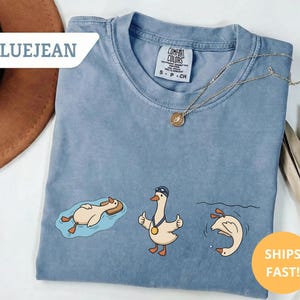 May include: A blue t-shirt with three cartoon geese in different swimming poses. One goose is floating on a float, another is giving a thumbs up, and the third is diving. The shirt has the text "BLUEJEAN" and "SHIPS FAST!"