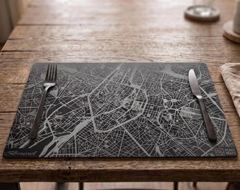Plaatskaarten - Lasergegraveerde stadsplattegrond van Brussel op leren placemat - Decoratie voor de eettafel