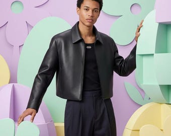Men's Black Cropped Faux Leather Harrington Jacket, Minimalist Boxy Fit Moto Coat, Sleek Streetwear Biker Outerwear, Slim Aesthetic Zip-Up