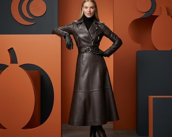 Elegant Black Leather Maxi Dress: Long Sleeve Biker Style Trench Coat, Gothic Victorian Steampunk Fashion, Belted A-Line Evening Party Gown