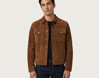 Men's Brown Suede Leather Jacket, Handmade Western Style Trucker Coat, Slim Fit Casual Cognac Outerwear, Premium Real Leather Gift for Him