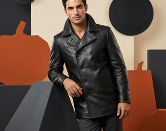 Men's Black Leather Pea Coat - Double Breasted Genuine Sheepskin Trench Jacket, Slim Fit Mid-Length Winter Overcoat, Classic Naval Style