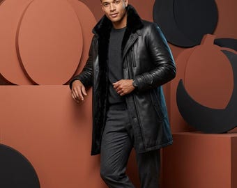 Men's Black Leather Shearling Trench Coat - Long Faux Fur Lined Winter Parka- Windproof Slim Fit Warm Mid-Length Biker Jacket Plush Overcoat