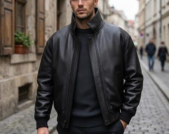 Premium Men’s Black Leather Bomber Jacket, Slim Fit Full Grain Real Lambskin Biker Coat, Minimalist Streetwear Outerwear, Handmade Gift