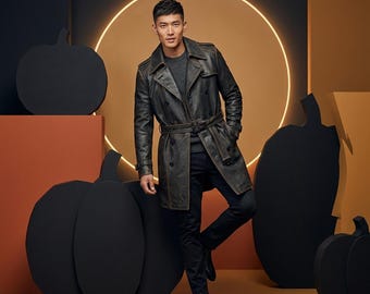 Distressed Black Leather Trench Coat for Men, Double Breasted Vintage Long Jacket with Belt, Handmade Retro Mid-Length Winter Pea Coat Gift