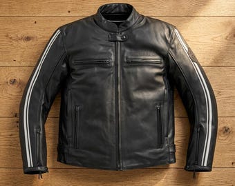 BMW Motorrad Men’s Black Leather Motorcycle Jacket with Racing Stripes, Protective Armor Pockets  Premium Biker Gear for Touring Enthusiasts