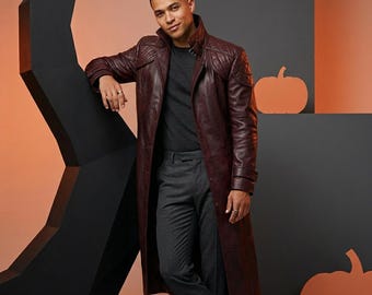 Burgundy Leather Trench Coat - Men’s Gothic Steampunk Duster Jacket - Distressed Red Long Overcoat - Star Lord Inspired Cosplay Outerwear