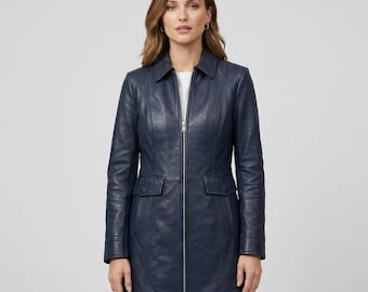Navy Blue Genuine Leather Trench Coat for Women - Mid-Length Slim Fit Real Lambskin Jacket with Pockets - Elegant Soft Outerwear Gift Ideas