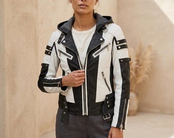 Handmade Hooded Leather Jacket for Men | Retro Two-Tone Café Racer Biker Outfit | Urban Fashion Outerwear | Unique Gift for Riders & Cosplay